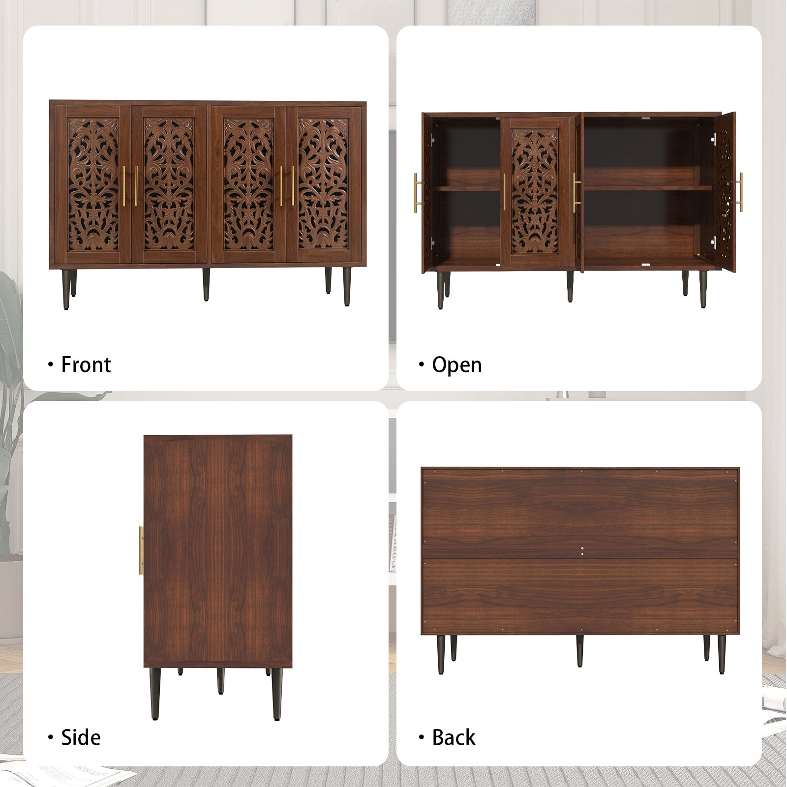 CBJCBJ 48″ Retro Storage Cabinet with 4 Doors, Hollow Carved Buffet Hutch for Living Room, Kitchen, Dining & Entryway, Vintage Decorative Organizer (BROWN)