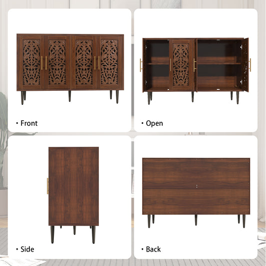 CBJCBJ 48″ Retro Storage Cabinet with 4 Doors, Hollow Carved Buffet Hutch for Living Room, Kitchen, Dining & Entryway, Vintage Decorative Organizer (BROWN)