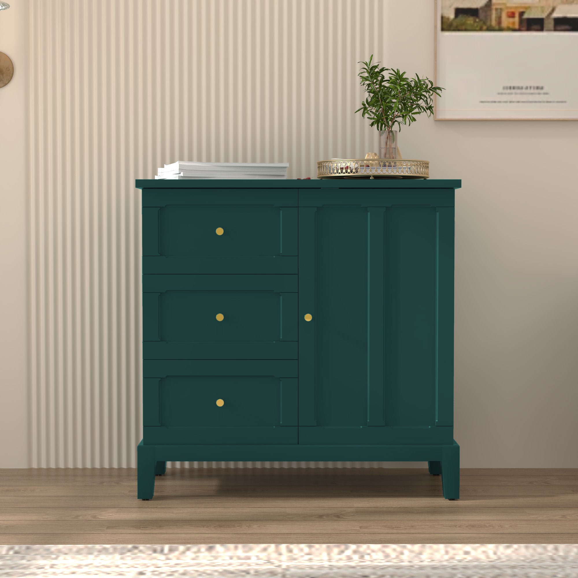 HLR Modern 32" Accent Cabinet 3 Drawers & Door, Wood Sideboard with Storage for Living Room, Green