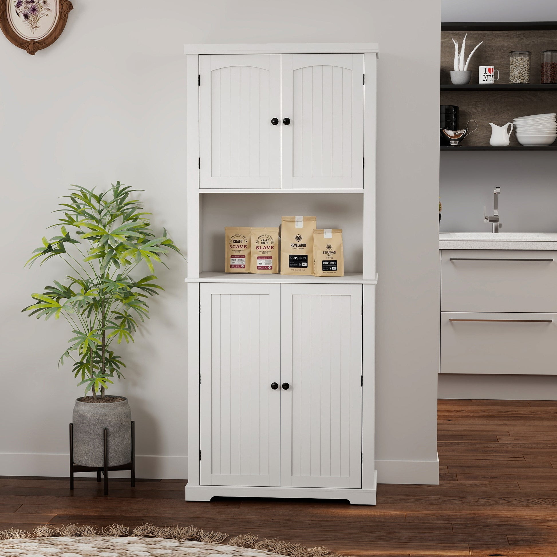 HLR 72" Kitchen Pantry Cabinet, Freestanding Pantry Storage Cabinet with Hutch & Shelves, White