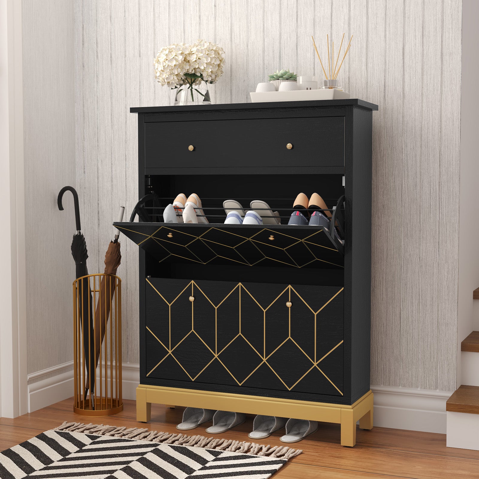 HLR® Space Saving Hidden Shoe Cabinet with 2 Flip Doors 1 Drawer, Shoe Storage Cabinet