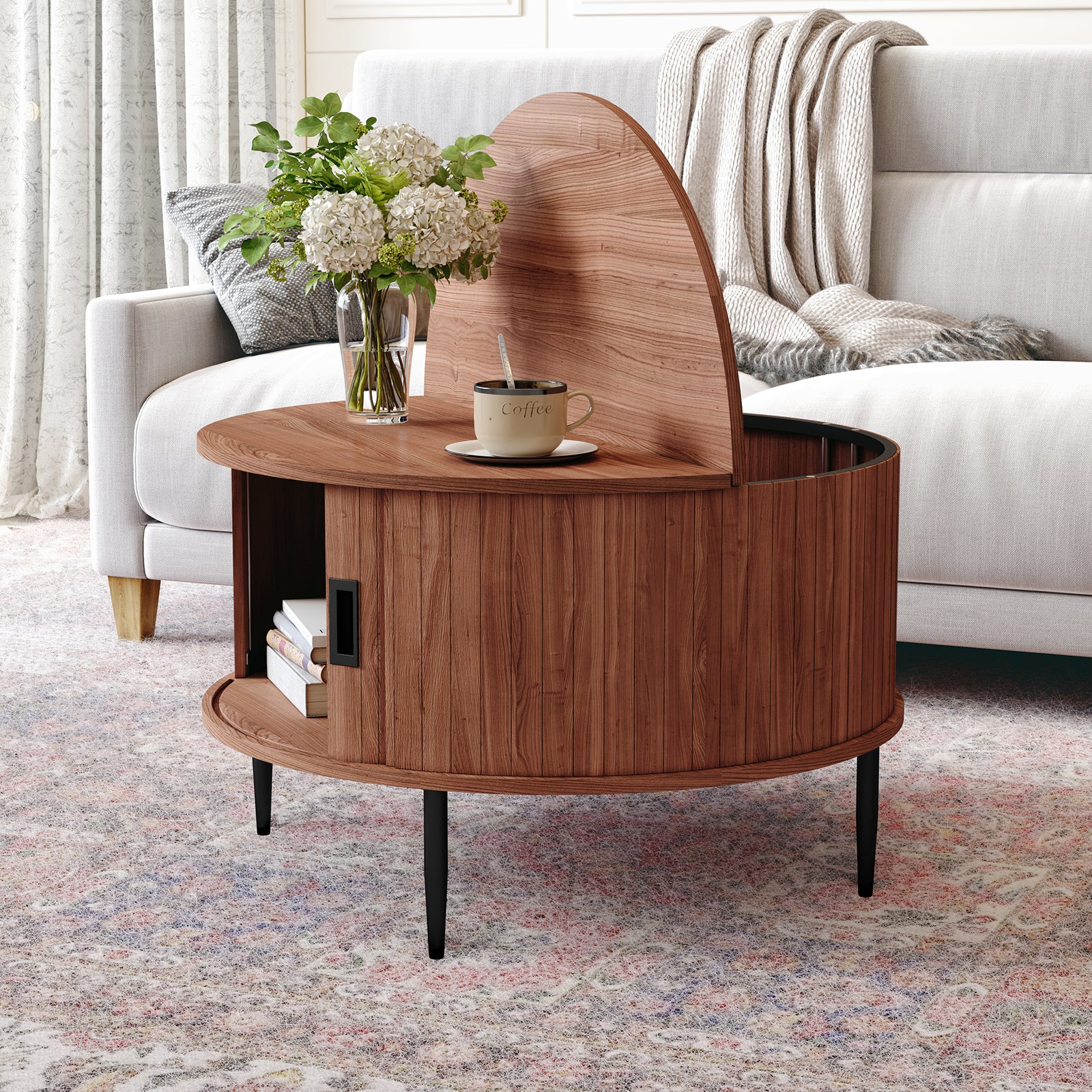 CBJCBJ 31" Modern Round Coffee Table with Sliding Door Storage, Center Table for Living Room, Brown
