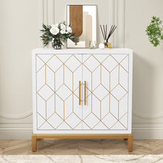 HLR 30.7" White Accent Cabinet with 2 Doors, Entryway Cabinet with Gold Trim, Modern Buffet Sideboards