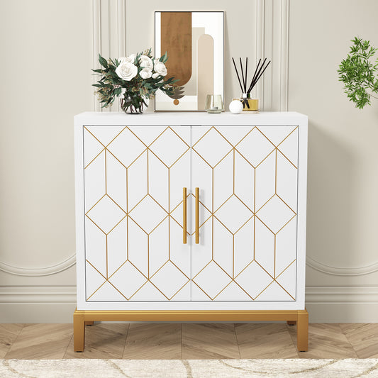 HLR 30.7" White Accent Cabinet with 2 Doors, Entryway Cabinet with Gold Trim, Modern Buffet Sideboards