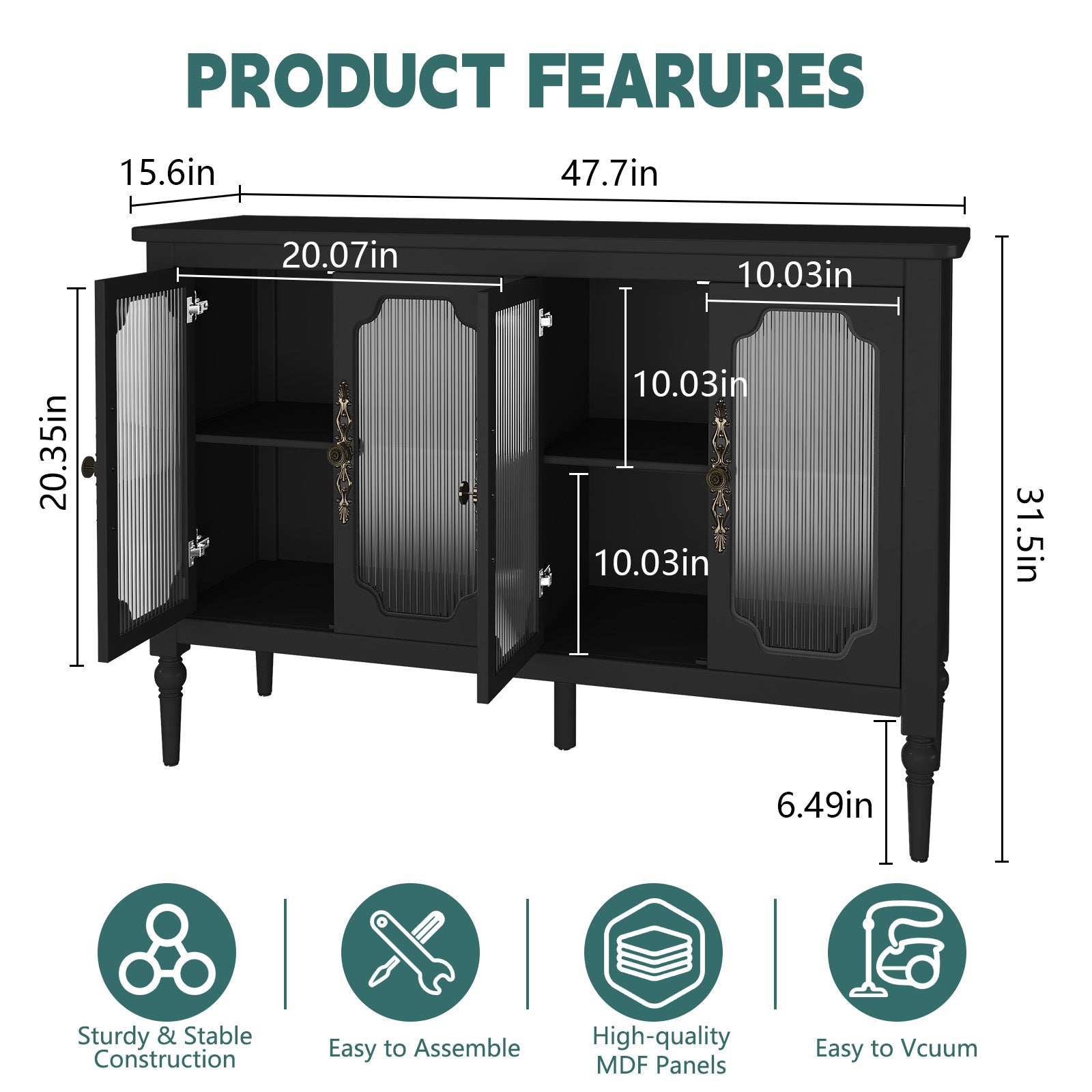 CBJCBJ 47" Retro 4 Door Buffet & Bar Cabinet, Sideboard Storage Cabinet for Dining Room, Black