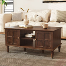 CBJCBJ Mid-Century Coffee Table,Living Room Center Table with 4-Door Storage and Open Storage, Brown