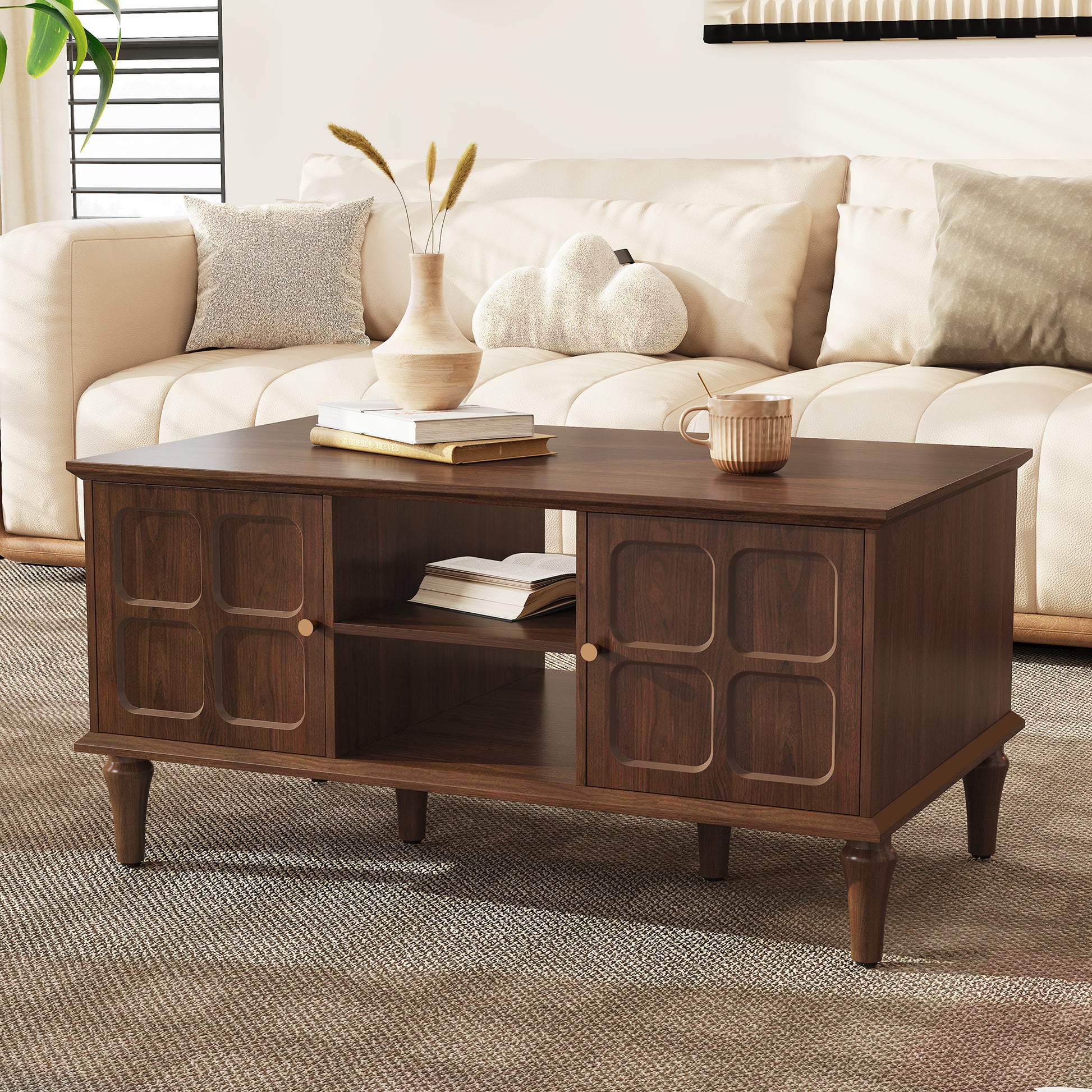 CBJCBJ Mid-Century Coffee Table,Living Room Center Table with 4-Door Storage and Open Storage, Brown