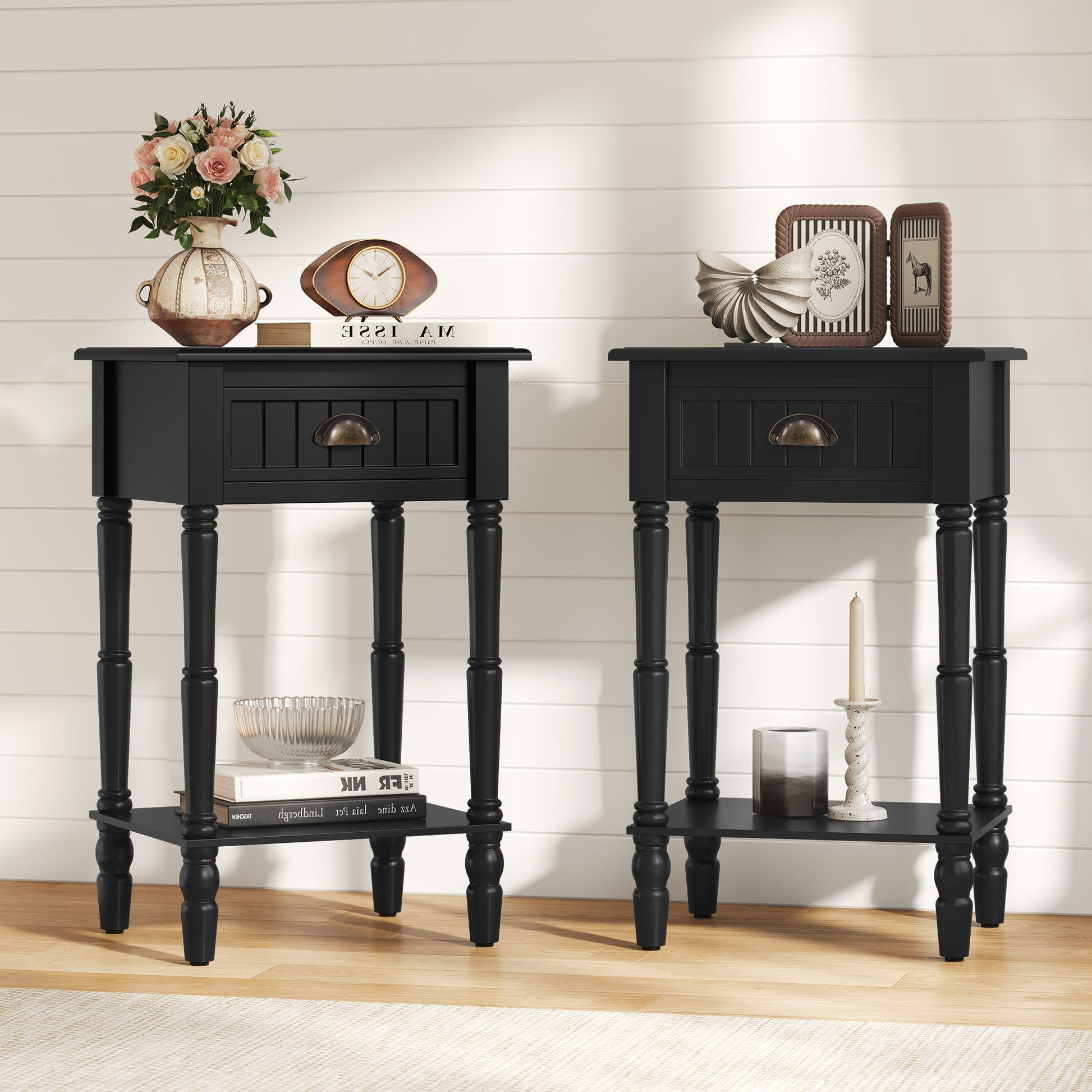 CBJCBJ 26.8"H Retro Nightstands Set of 2, Side Table with Drawers and Open Shelves, for Bedrooms and Sofas,Black