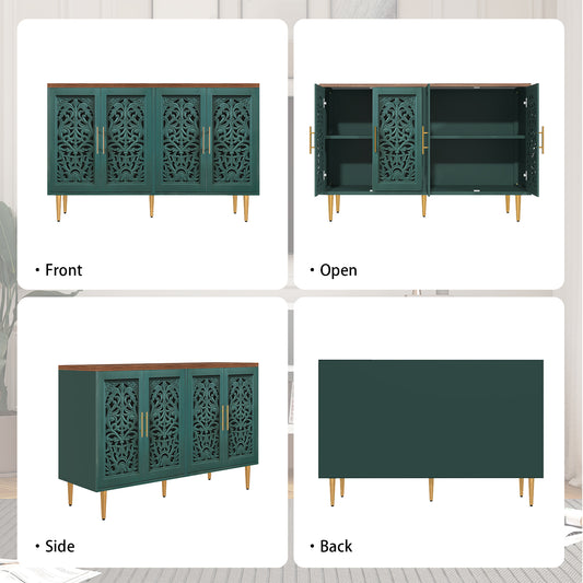HLR 48" Accent Cabinet with 4 Doors, Vintage Hollow Carving Storage Credenza, Sideboards and Buffets Cabinet for Living Room, Kitchen, Dining Room, Entryway