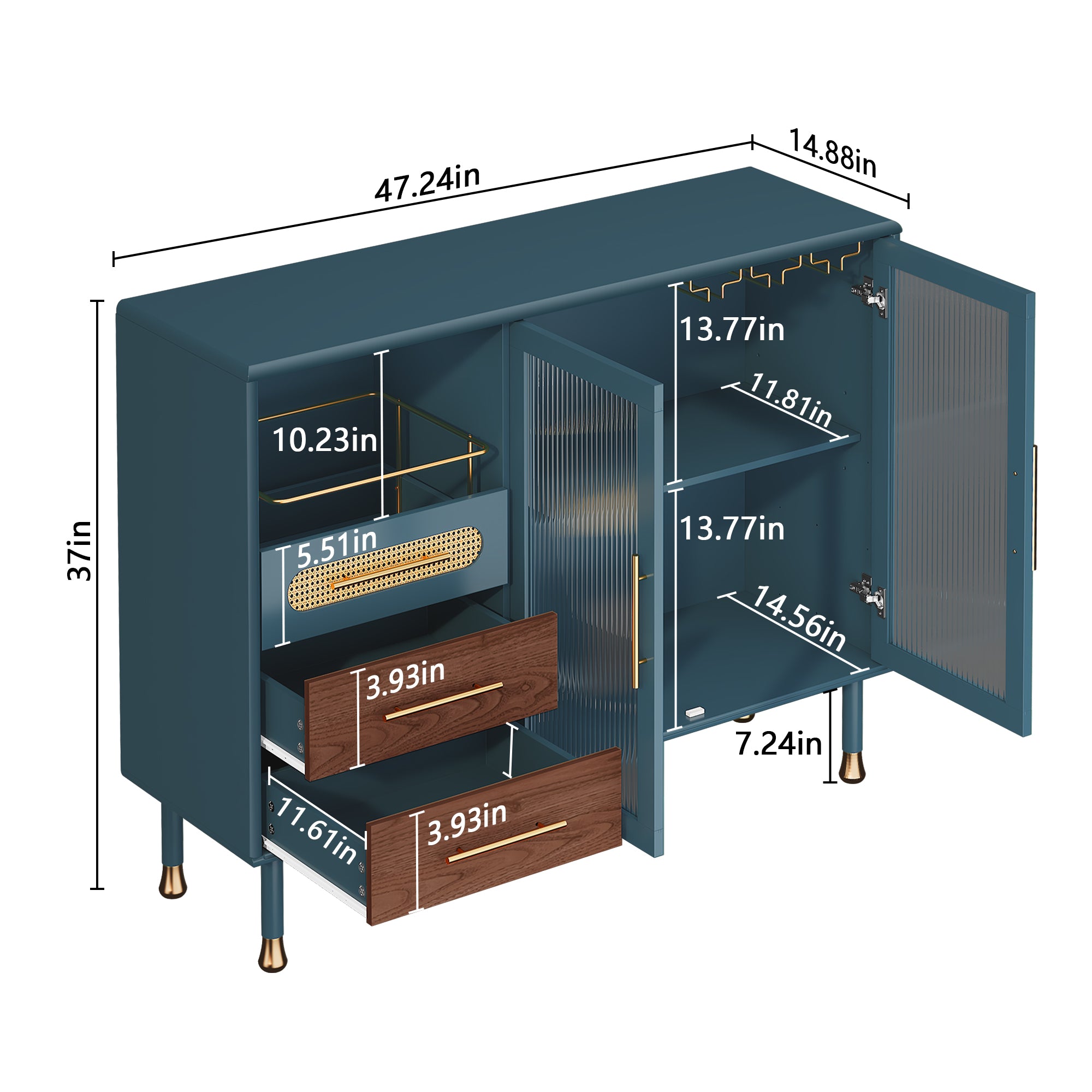 CBJCBJ 47” Coffee Bar Cabinet with Glass Rack, Modern Wine Bar Cabinet with Storage, for Dining Room, Blue