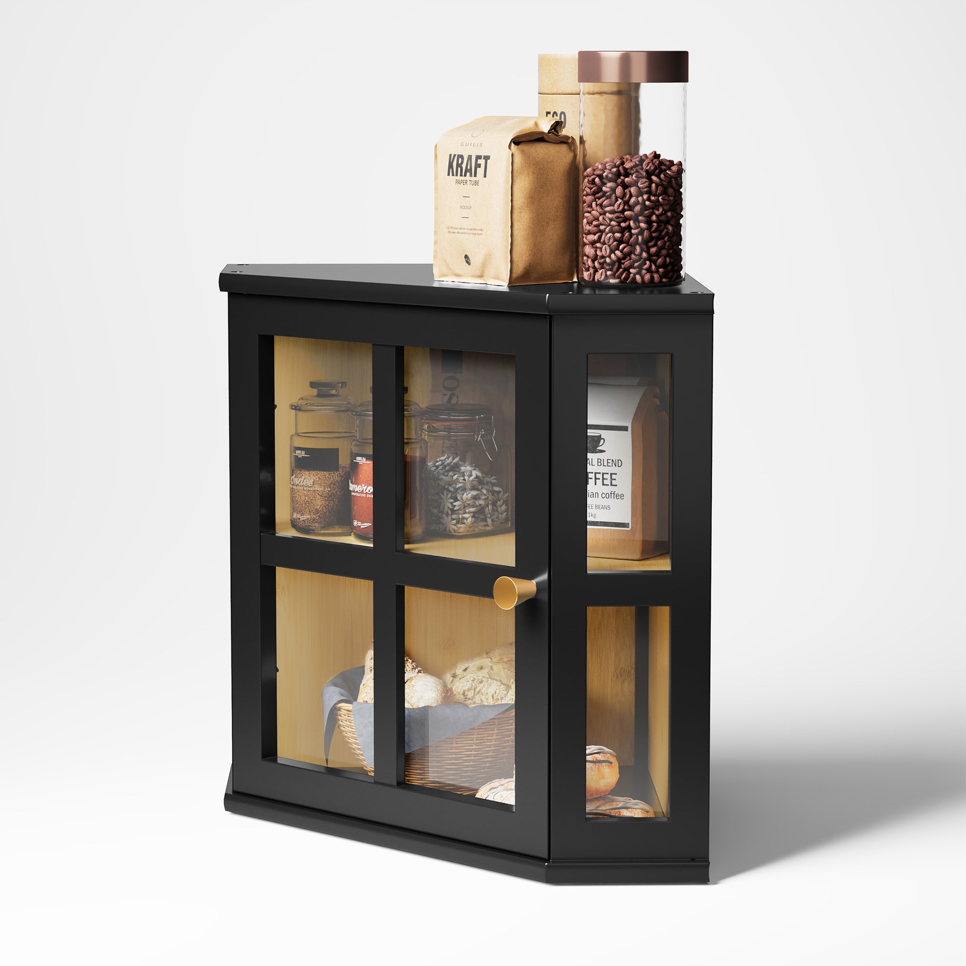 HLR Double Layer Bamboo Bread Box for Kitchen Counter, Large Capacity Bread Storage Bin with Acrylic Door, Black