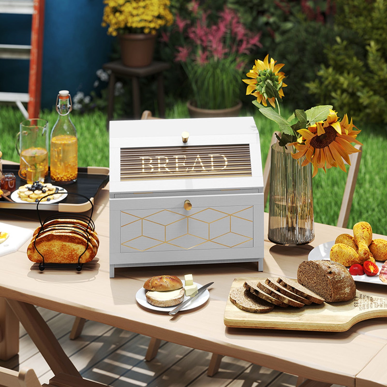 CBJCBJ 15.1" Gold-Trimmed Wooden Bread Box, 2-Tier Countertop Organizer, Retro Farmhouse Pantry Decor , White