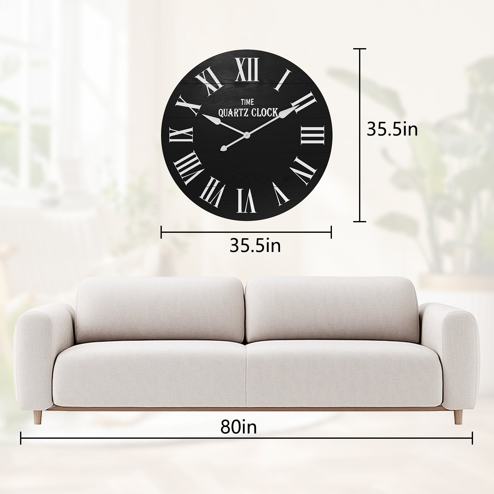 HLR 35.5” Farmhouse Large Shiplap Round Wall Clock with Roman Numeral for Living Room Decor, Black