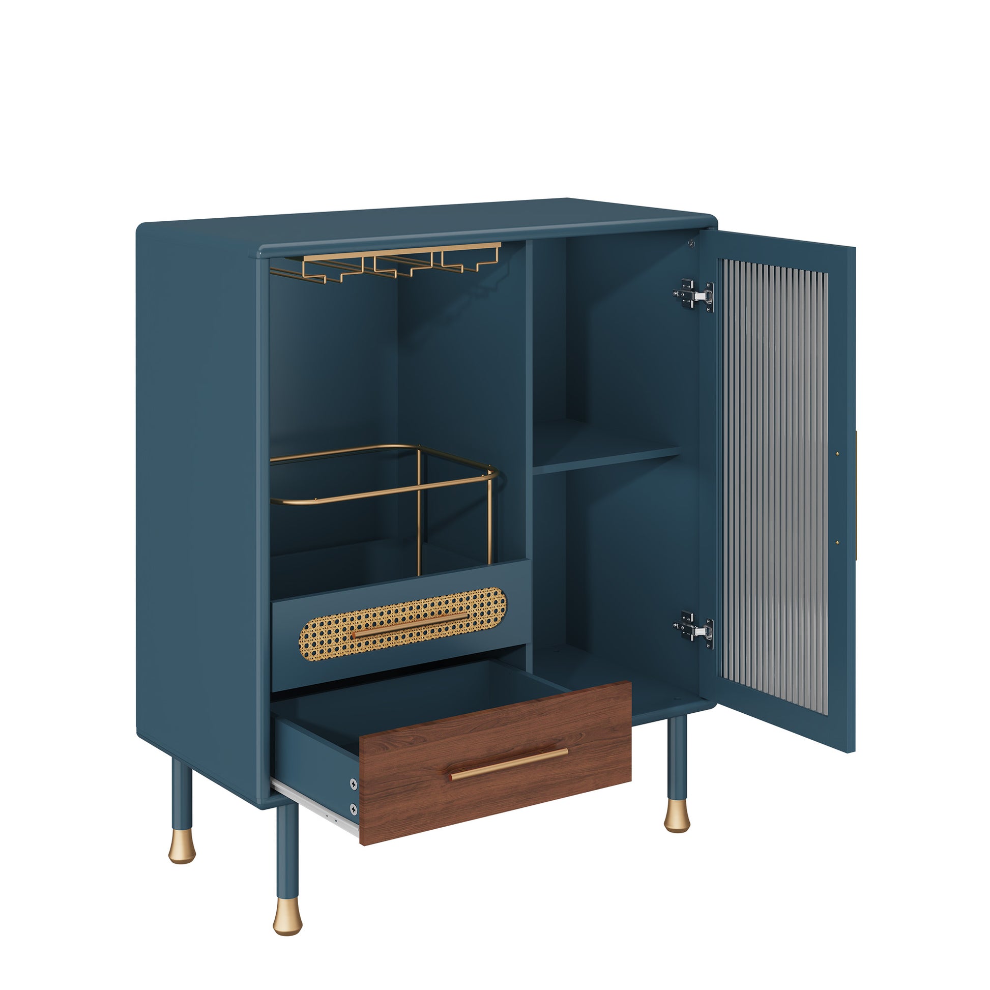 HLR 31.5"W Modern Wine Storage Cabinet with Pull-Out Rack & Tempered Glass Doors – Compact Coffee Bar for Kitchen, Dining Room, Apartment,Blue