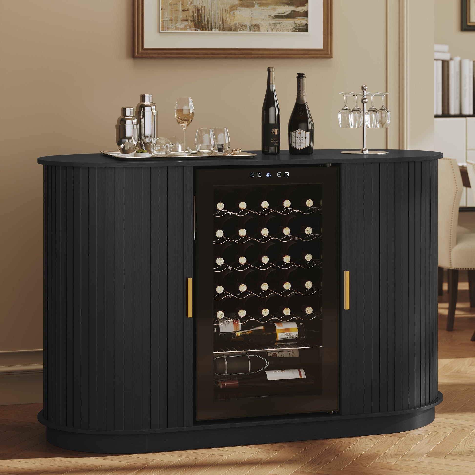 HLR Mid Century Coffee Bar Cabinet, Wine Cabinet Mini Fridge Space, Black