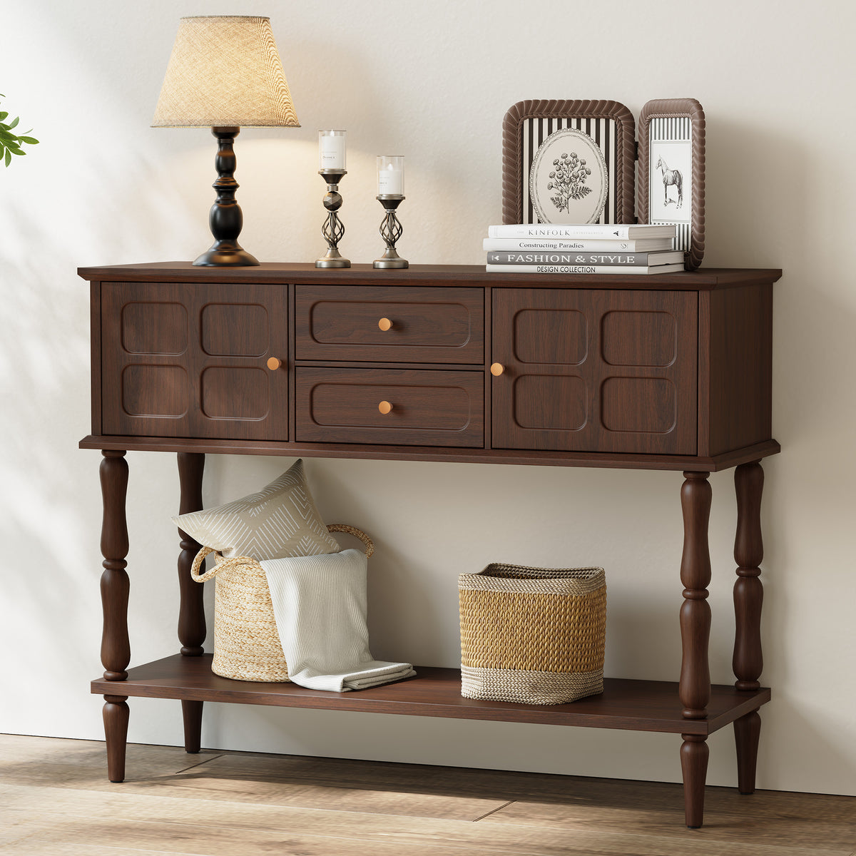 HLR Modern 42.1" Consoles Table, Entryway Table with Storage Shelf Quick Assembly for Living Room, Brown