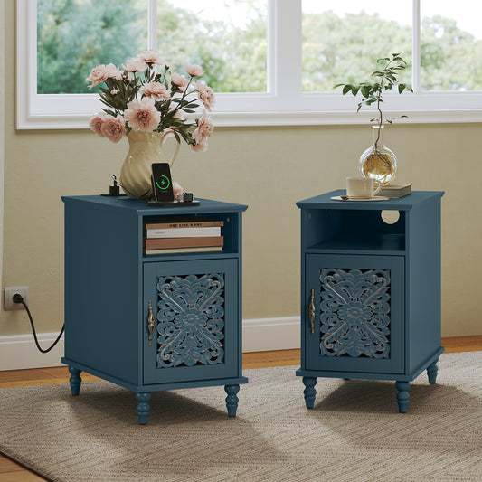 CBJCBJ Retro Carved Nightstands Set of 2 with Socket, Side Tables with Open Compartment and Storage, End Tables for Living Room，Blue