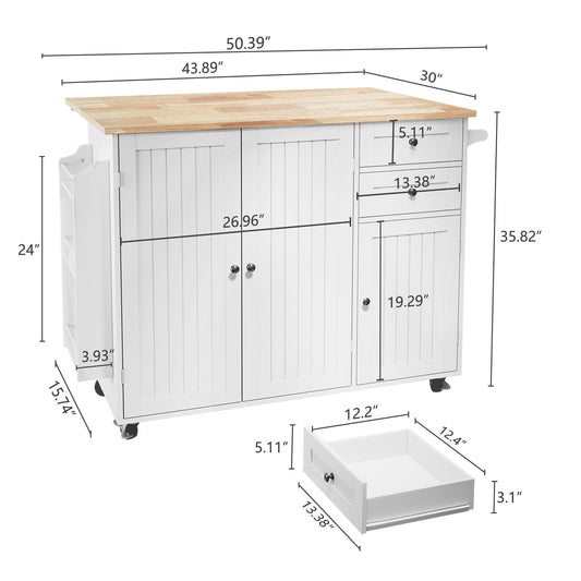 CBJCBJ 50.4" Kitchen Island with Storage, Wood Top Cart with Drop Leaf and Wheels, White