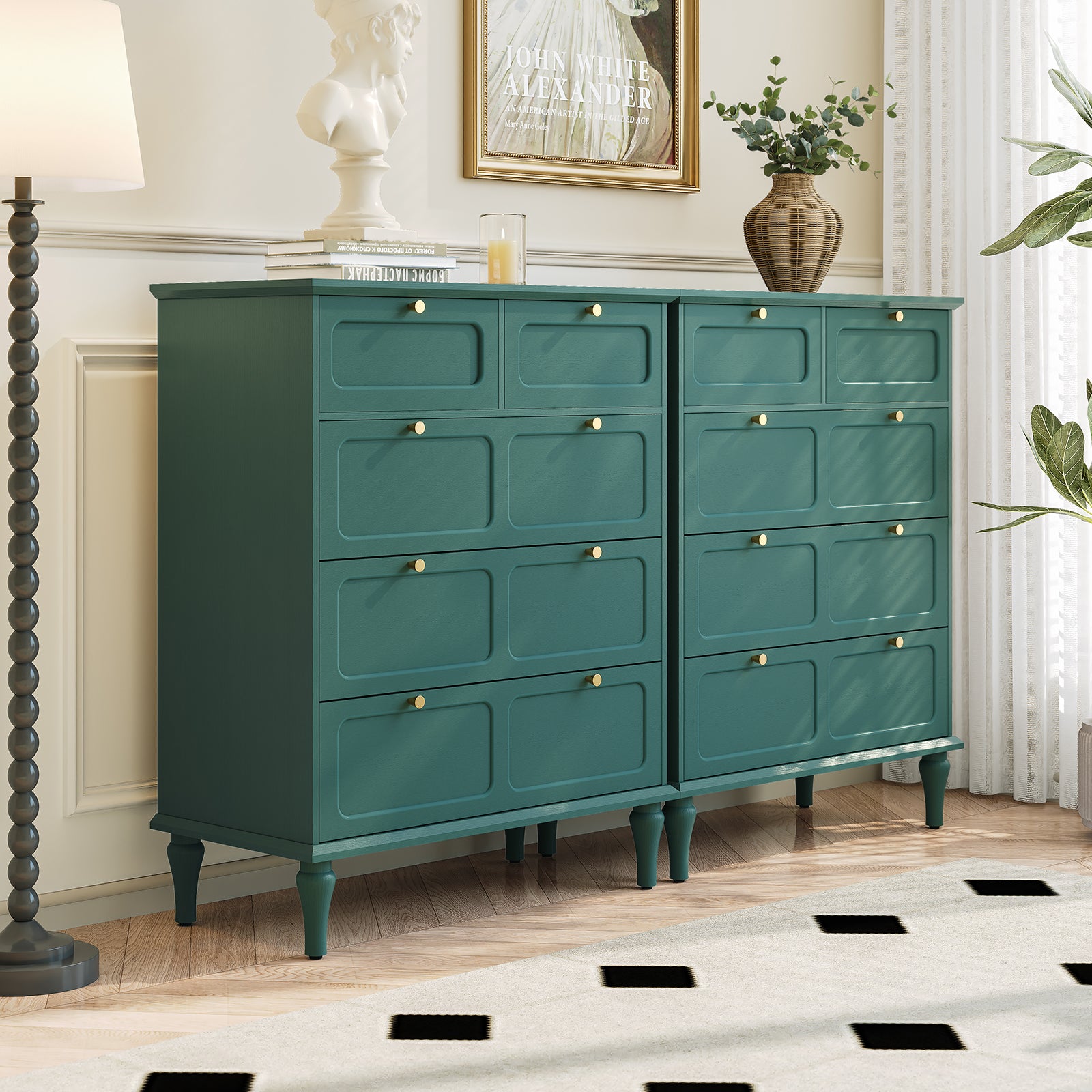 HLR 40" Mid-century 5 Drawer Dresser for Bedroom, Small Dressers & Chest of Drawers,Green