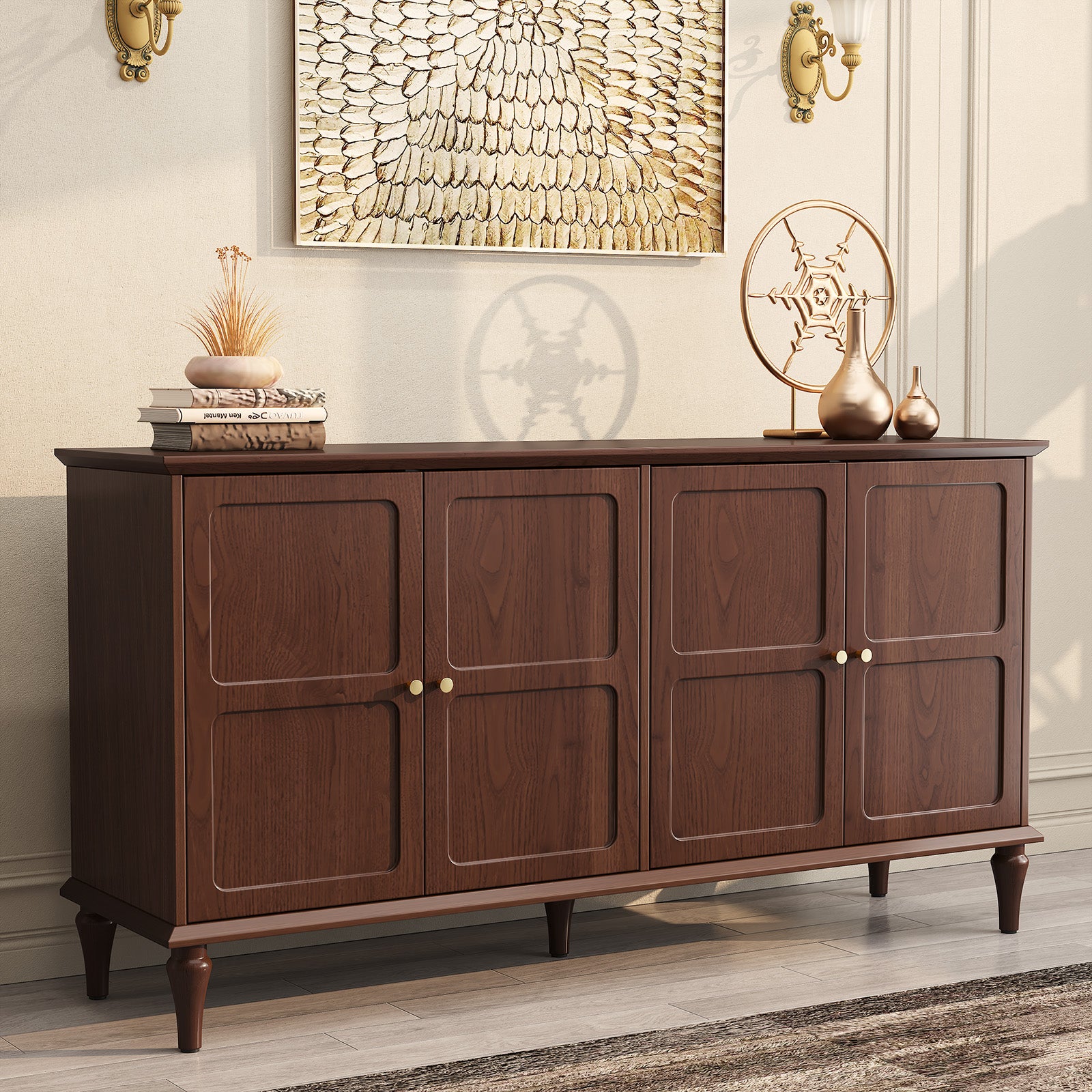 HLR Mid Century 58" Wood 4 Door Sideboard Buffet Cabinet with Storage for Living Dining (Brown)