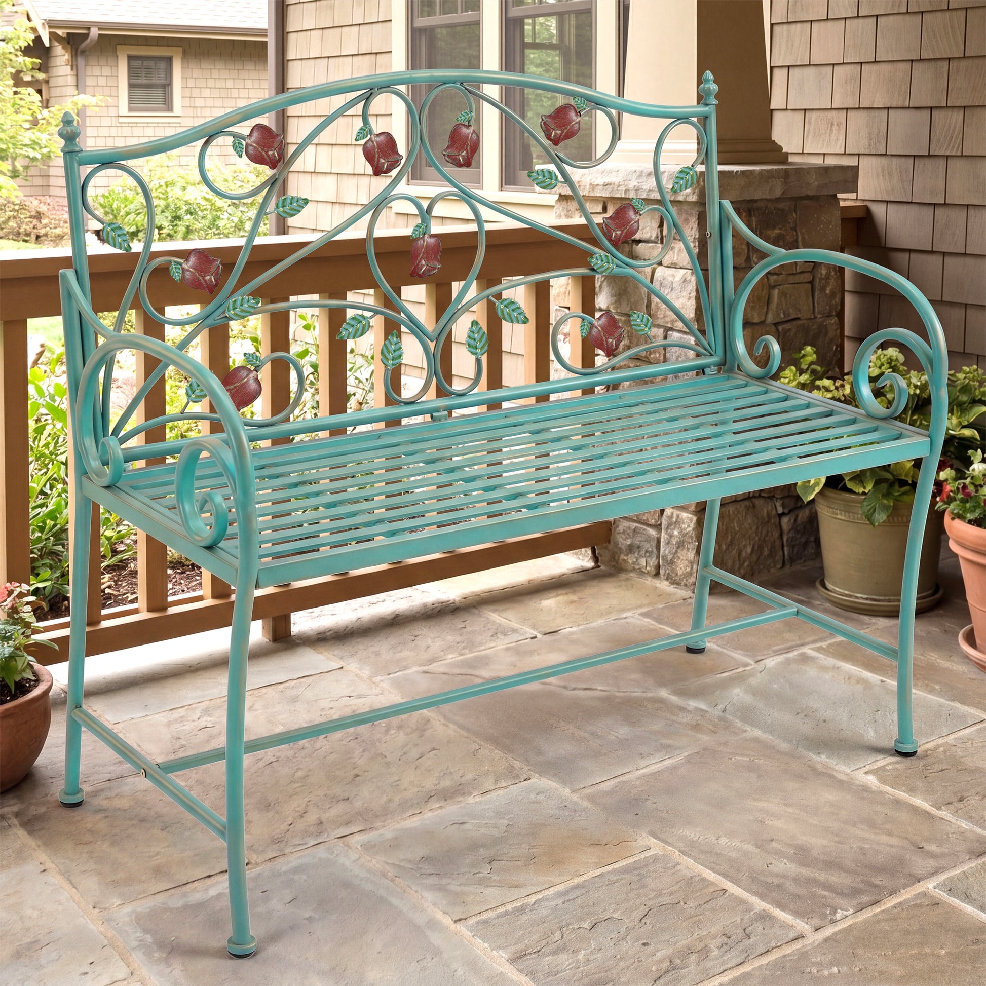 HLR Farmhouse Outdoor Bench with Rose Pattern, 41.7'' Metal Frame Patio Garden Chair Cast Iron, Light Blue