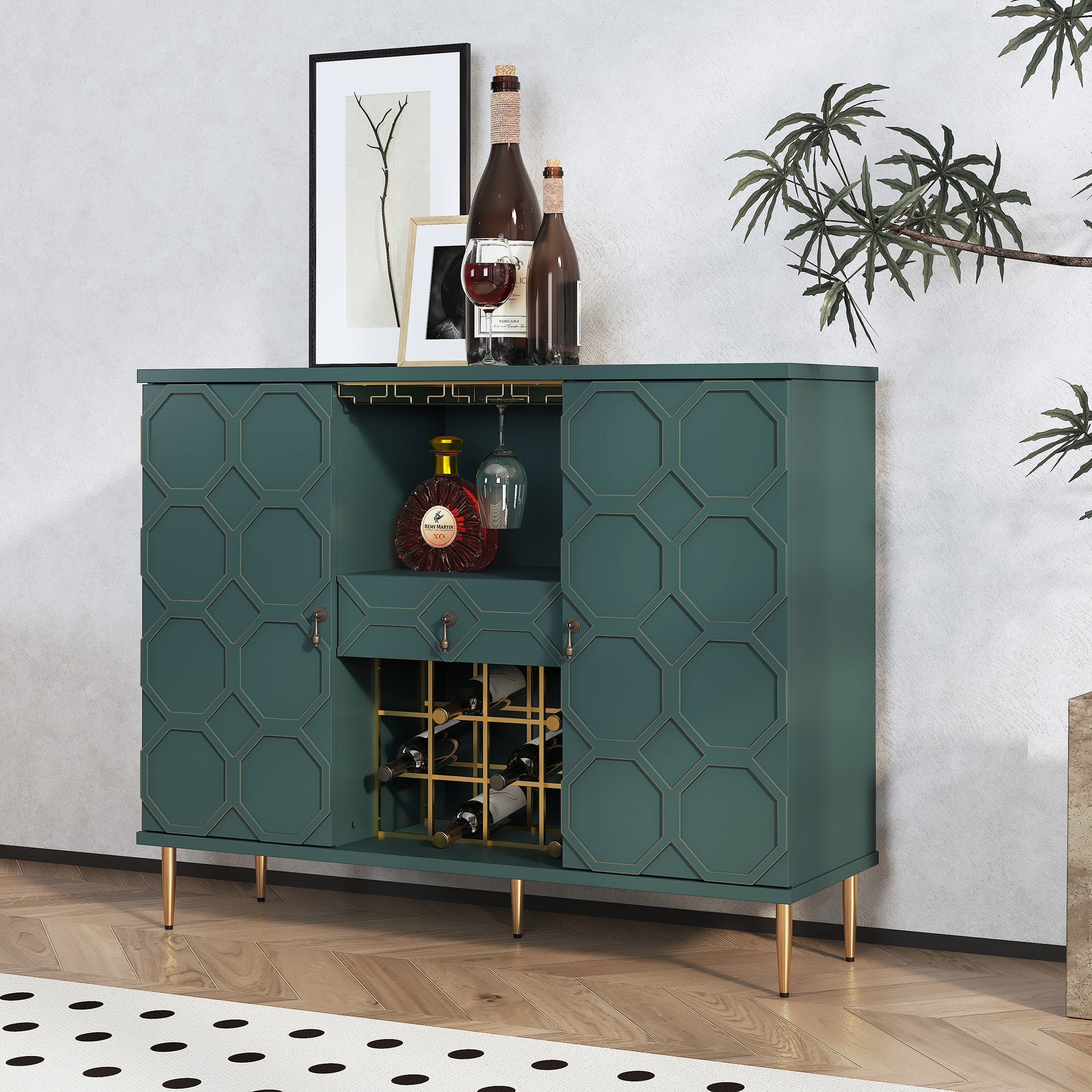 HLR Modern 47.2" Wine Bar Cabinet with Drawer, Geometric Door Buffet Sideboard Coffee Bar for Kitchen