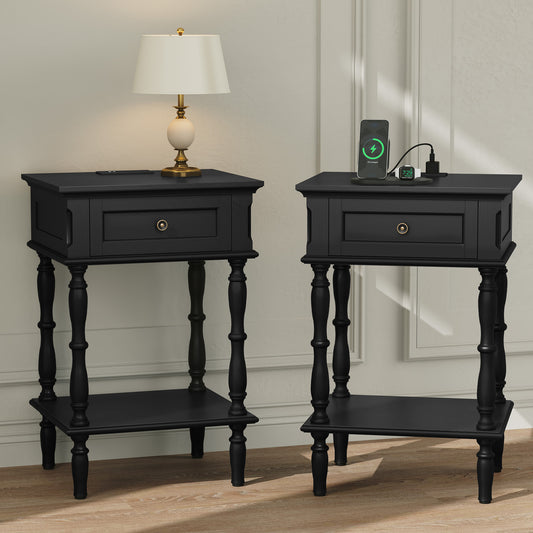 HLR 25" Mid Century Nightstand Set of 2, Assembled Wood Bedroom End Table with USB Ports and Outlets, Black