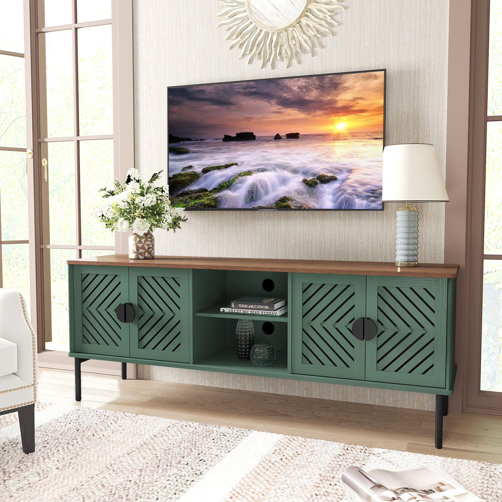 HLR Mid Century Modern 63" TV Stand for 75 inch TV with Storage, Entertainment Center for Living Room, Green