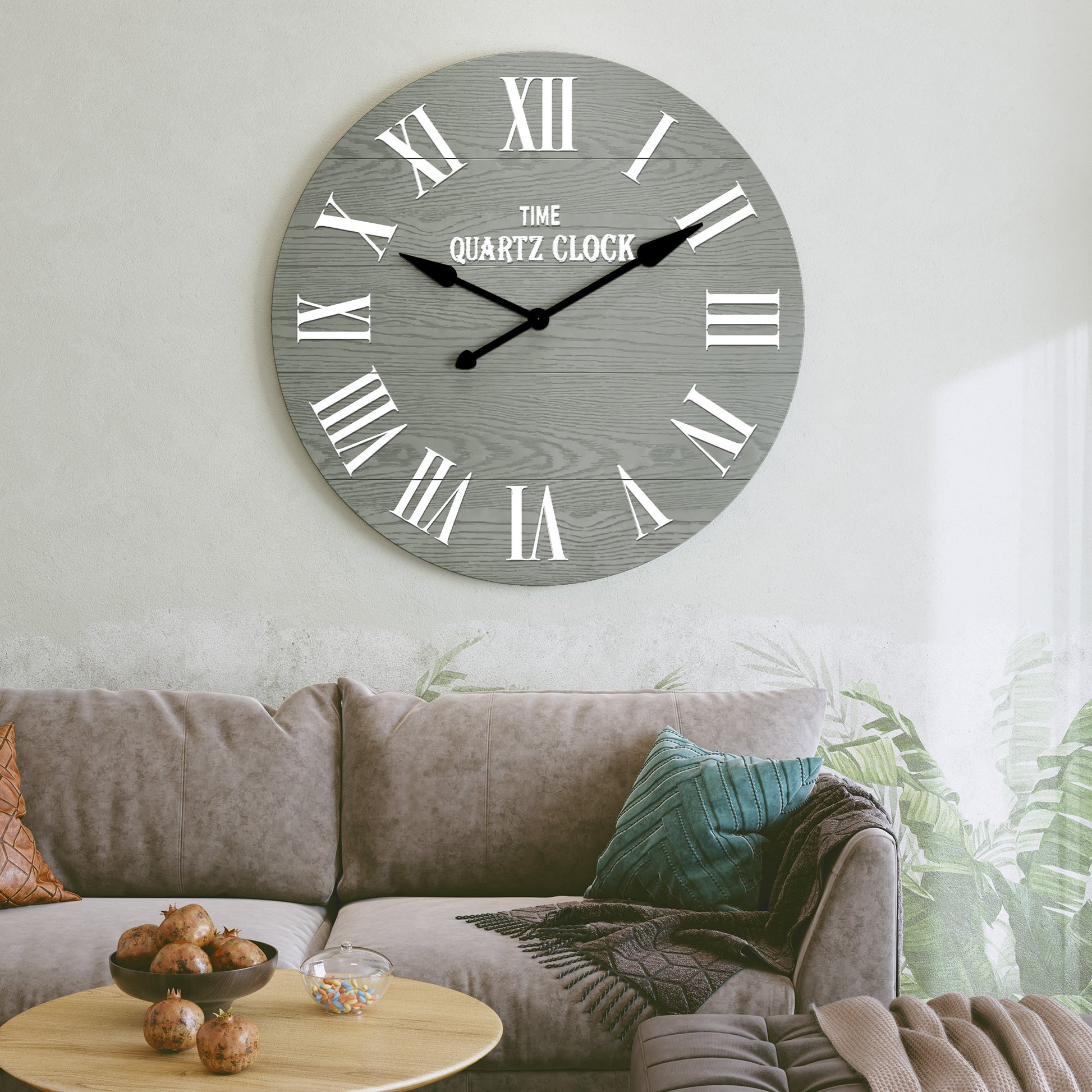 CBJCBJ 35.5” Farmhouse Large Shiplap Round Wall Clock with Roman Numeral for Living Room Decor,Green