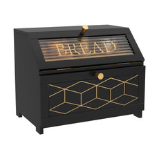 HLR Large Bread Box, Wood 2-layer Bread Box Storage for Kitchen Counter, with Bar Pattern Windows, Black