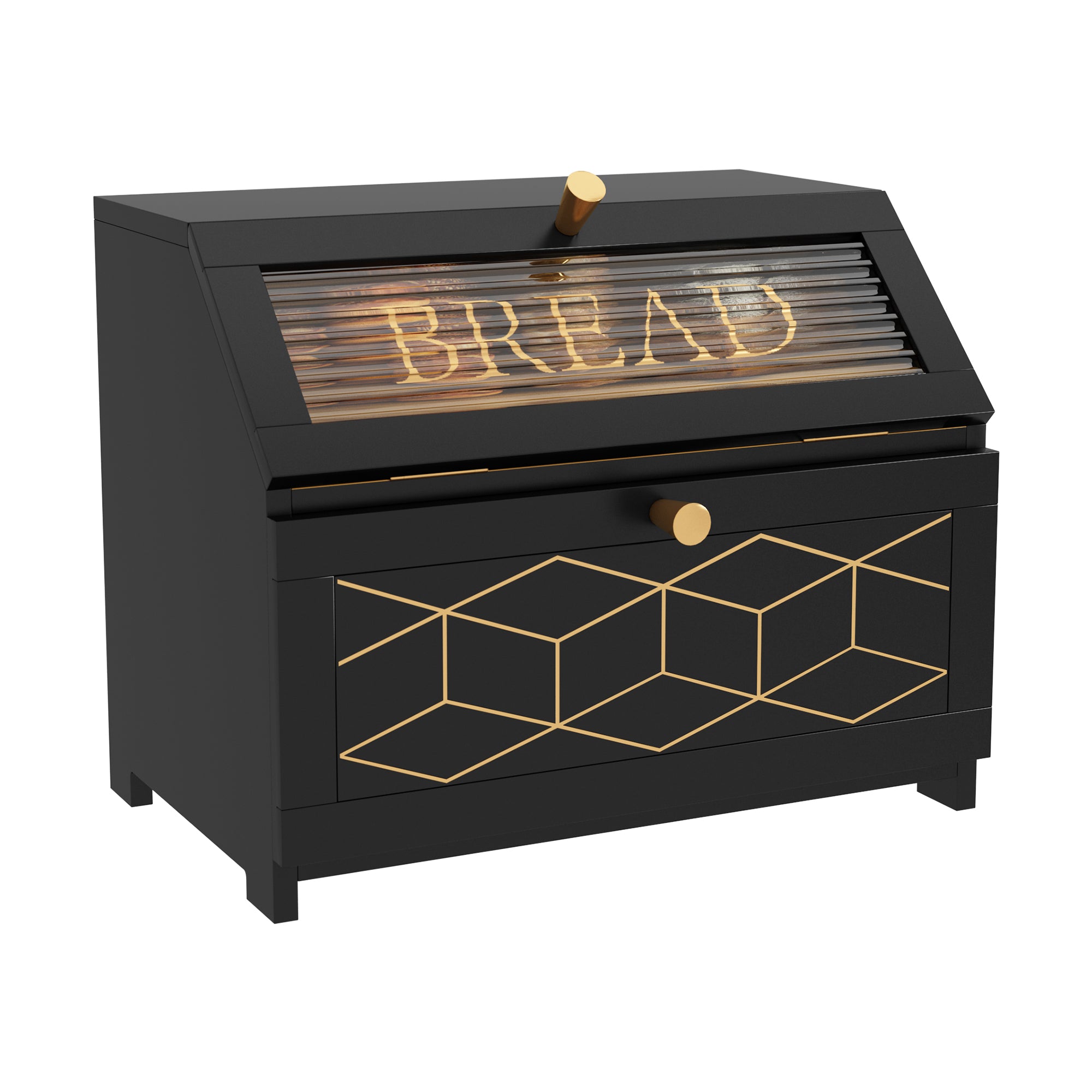 HLR Large Bread Box, Wood 2-layer Bread Box Storage for Kitchen Counter, with Bar Pattern Windows, Black