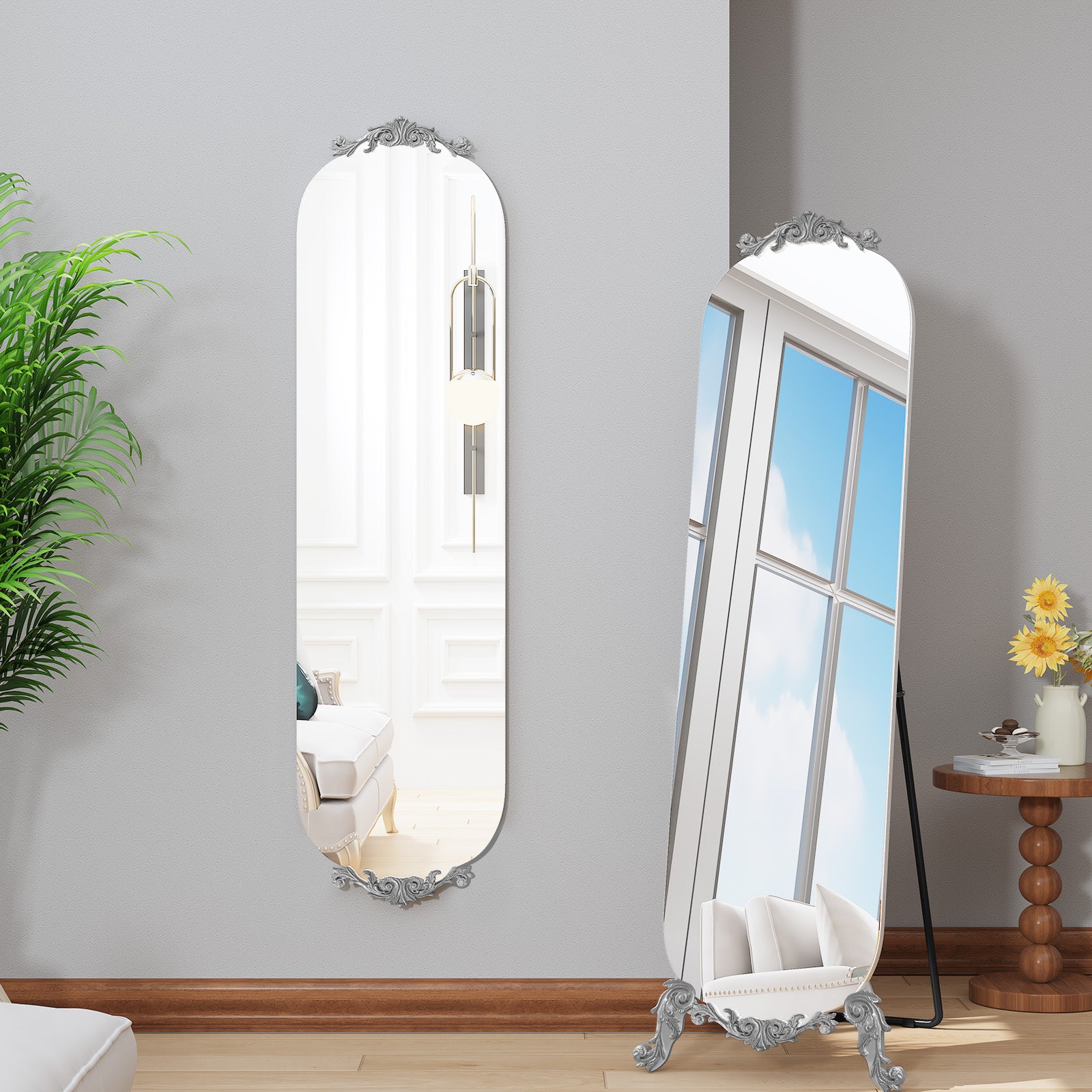 CBJCBJ Retro Carved Frameless Full-Length Mirror, High-Definition Explosion-Proof Bedroom Dressing Mirror,Silver