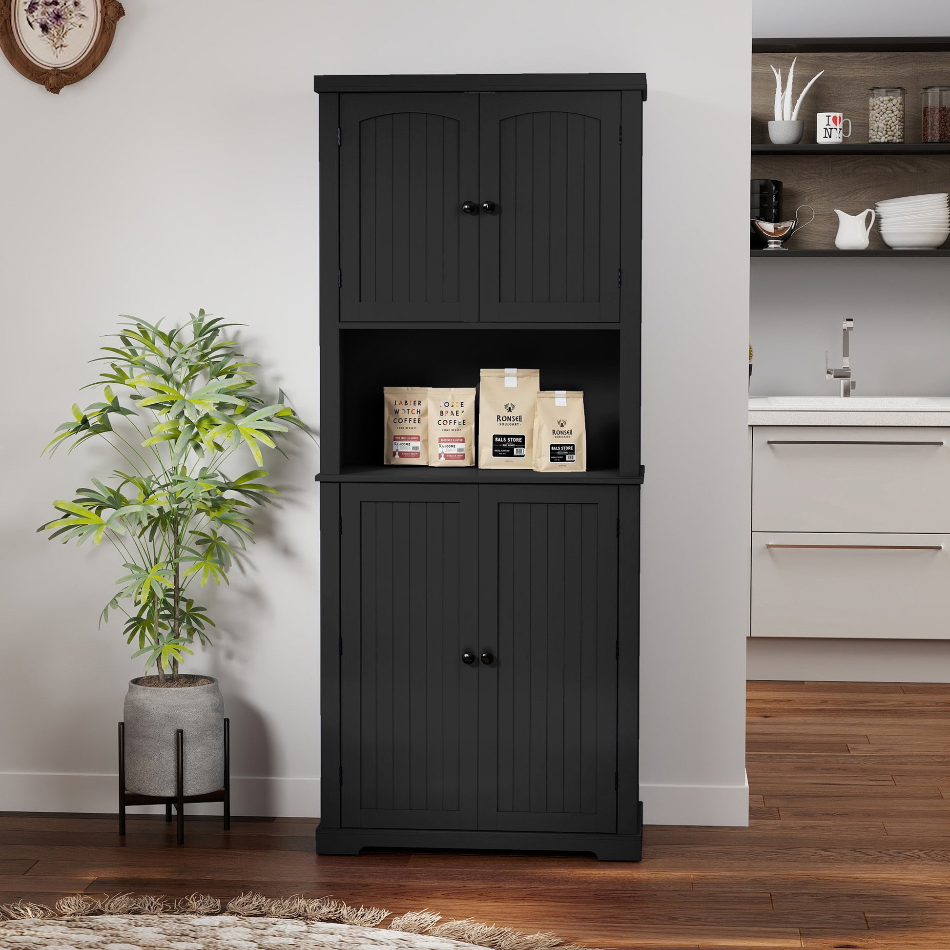 HLR 72" Kitchen Pantry Cabinet, Freestanding Pantry Storage Cabinet with Hutch & Shelves, Black