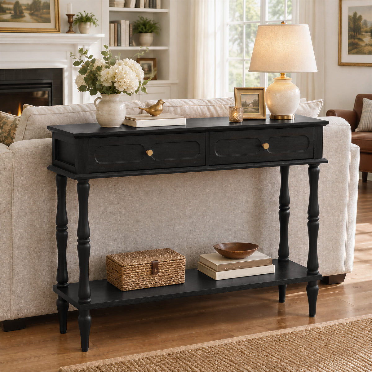 HLR 41" Mid Century Console Tables, Entryway Tables with 2 Drawers, 10 Mins Assembly, Black