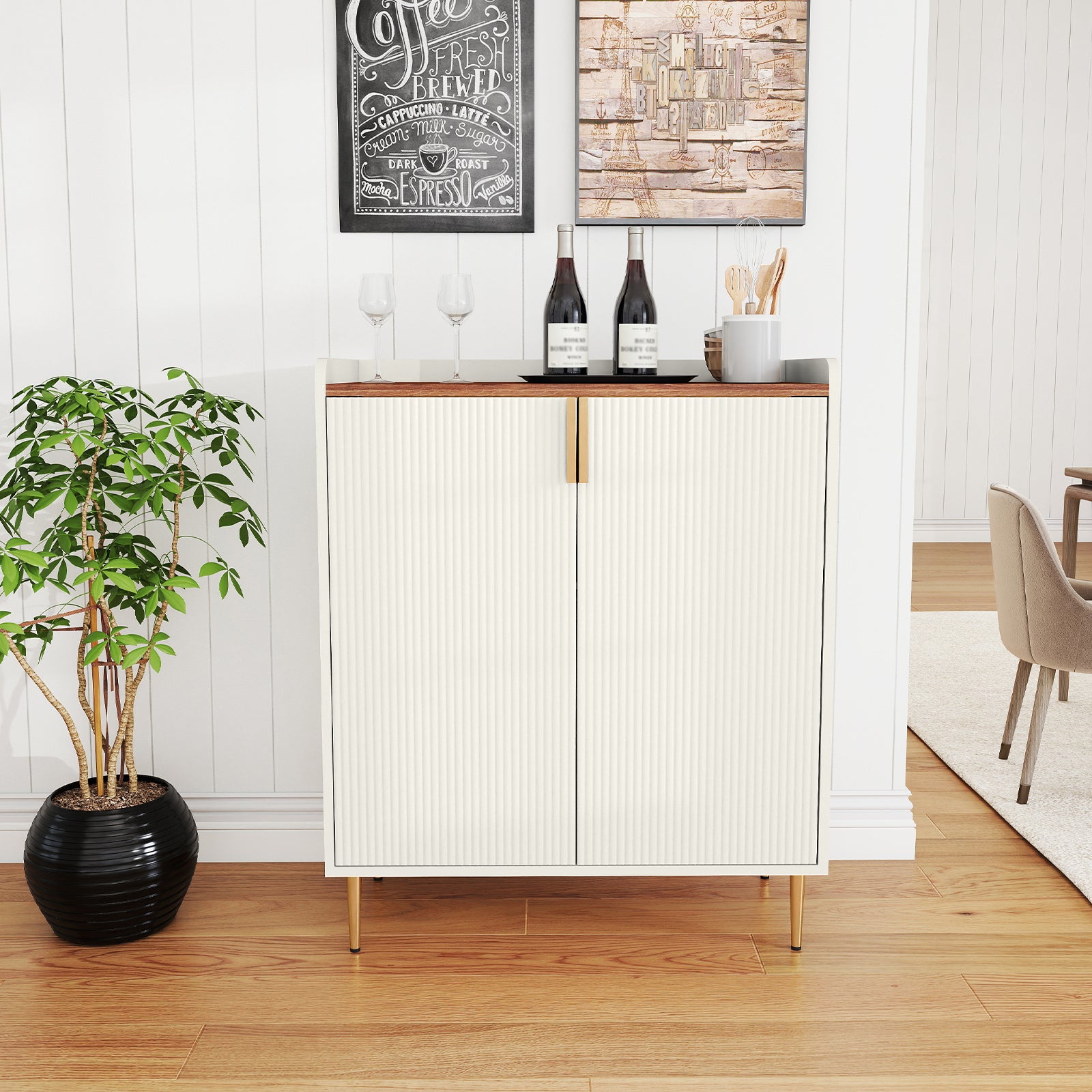 HLR 32"W Wine Bar Cabinet with 2 Door Fluted Texture, Modern Coffee Cabinet with Rack&Glass Holder, White.