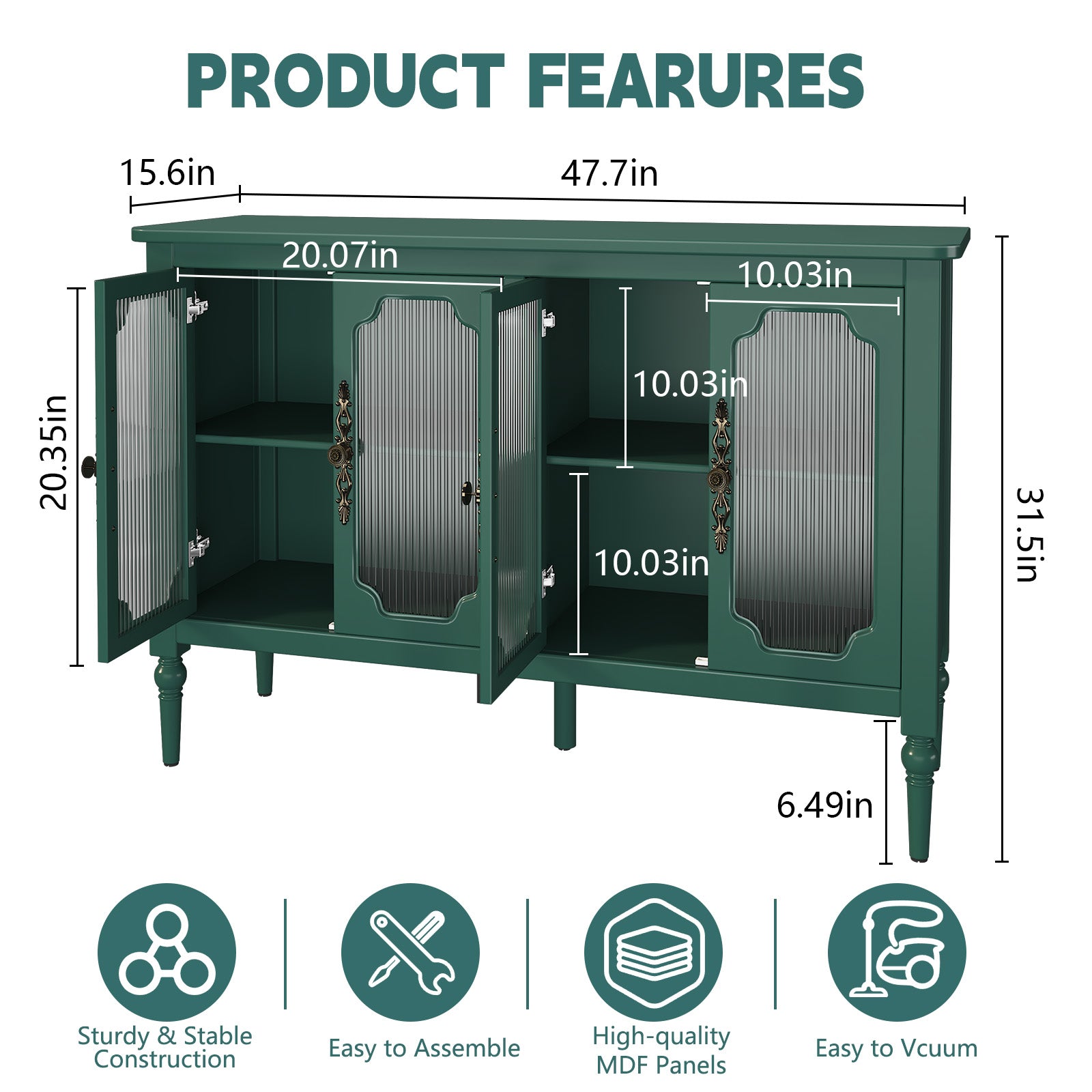 CBJCBJ 47" Retro 4 Door Buffet & Bar Cabinet, Sideboard Storage Cabinet for Dining Room, Green