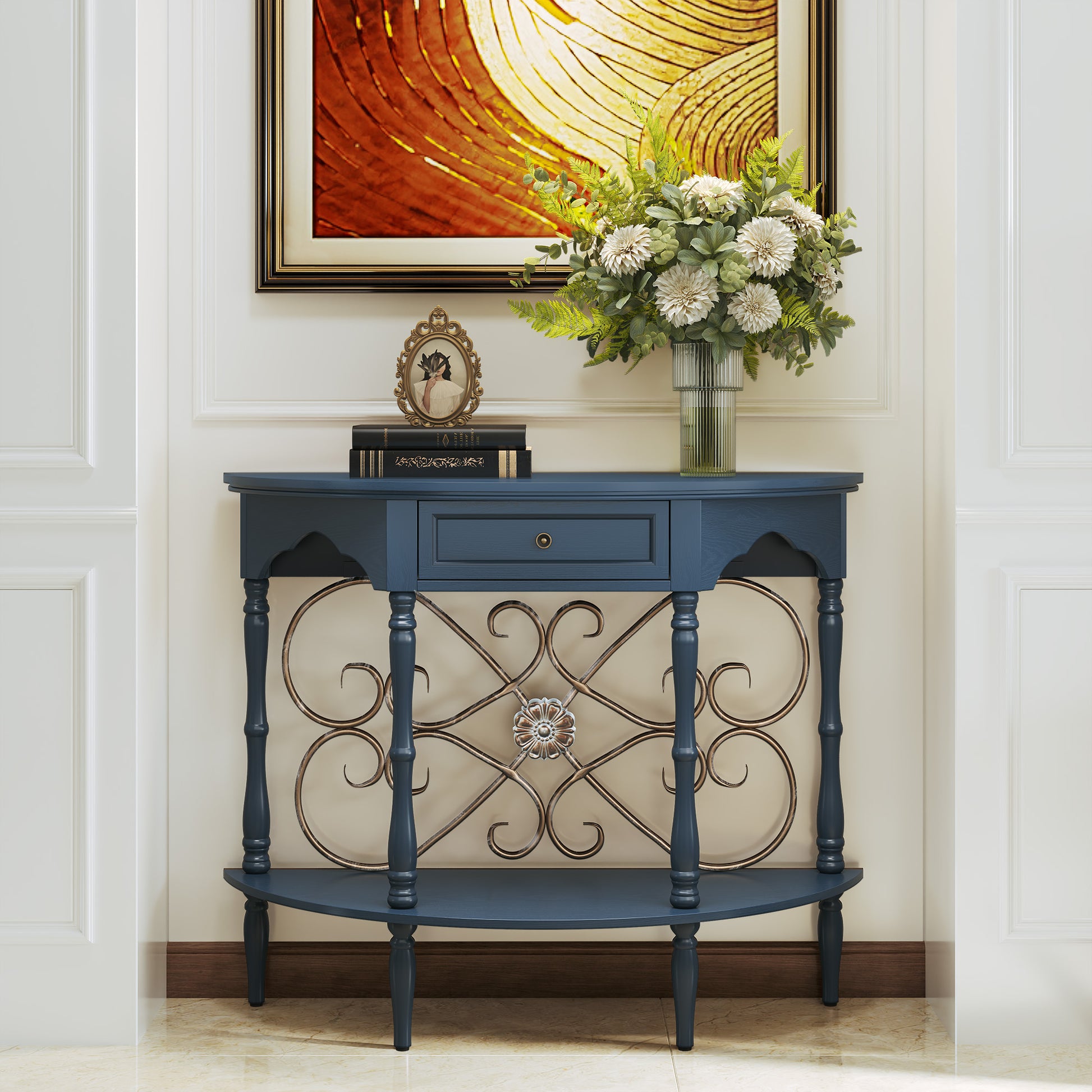 HLR 40" Mid Century Console Table with Drawer, Assembled Entryway Table with Storage for Hallway, Blue