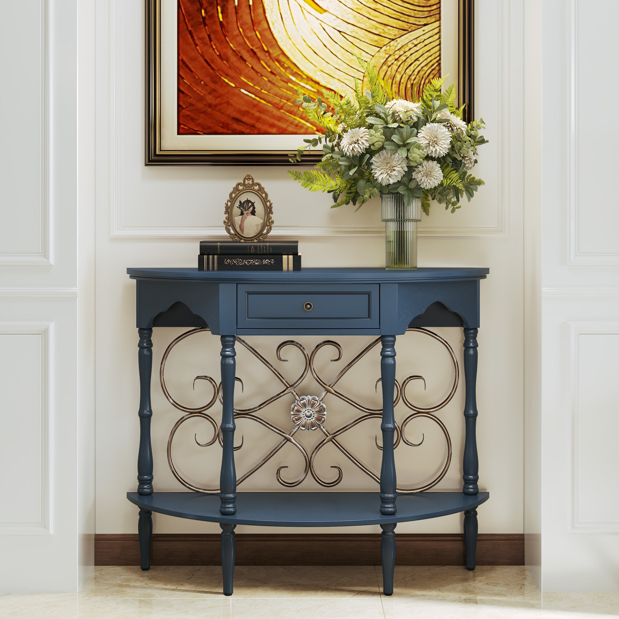 HLR 40" Mid Century Console Table with Drawer, Assembled Entryway Table with Storage for Hallway, Blue