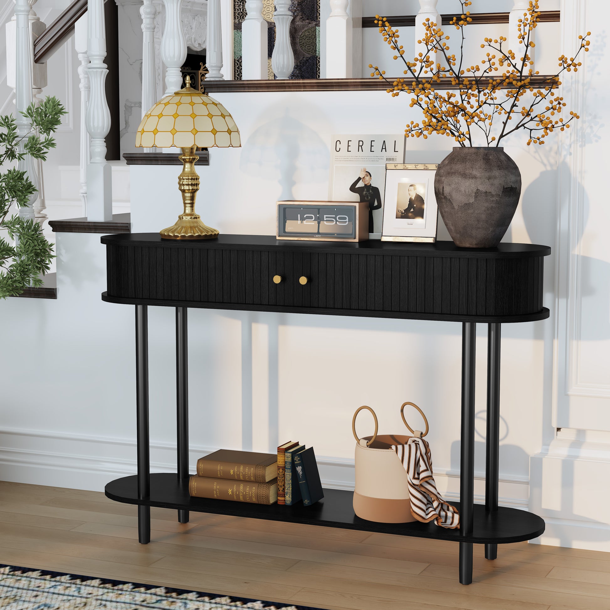 CBJCBJ 47.5" Console Modern Entryway Table with Wood Tambour Door Sofa Console &Storage Shelf for Hallway, Living Room（Black）