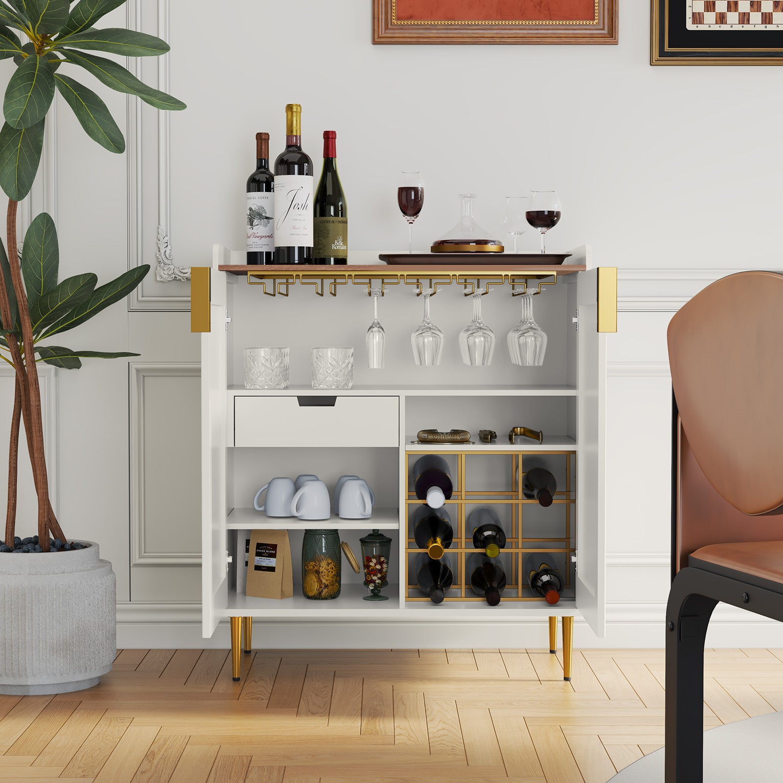 CBJCBJ 32" Wine Bar Cabinet with 2 Door Fluted Texture, Modern Coffee Cabinet with Rack&Glass Holder, , White