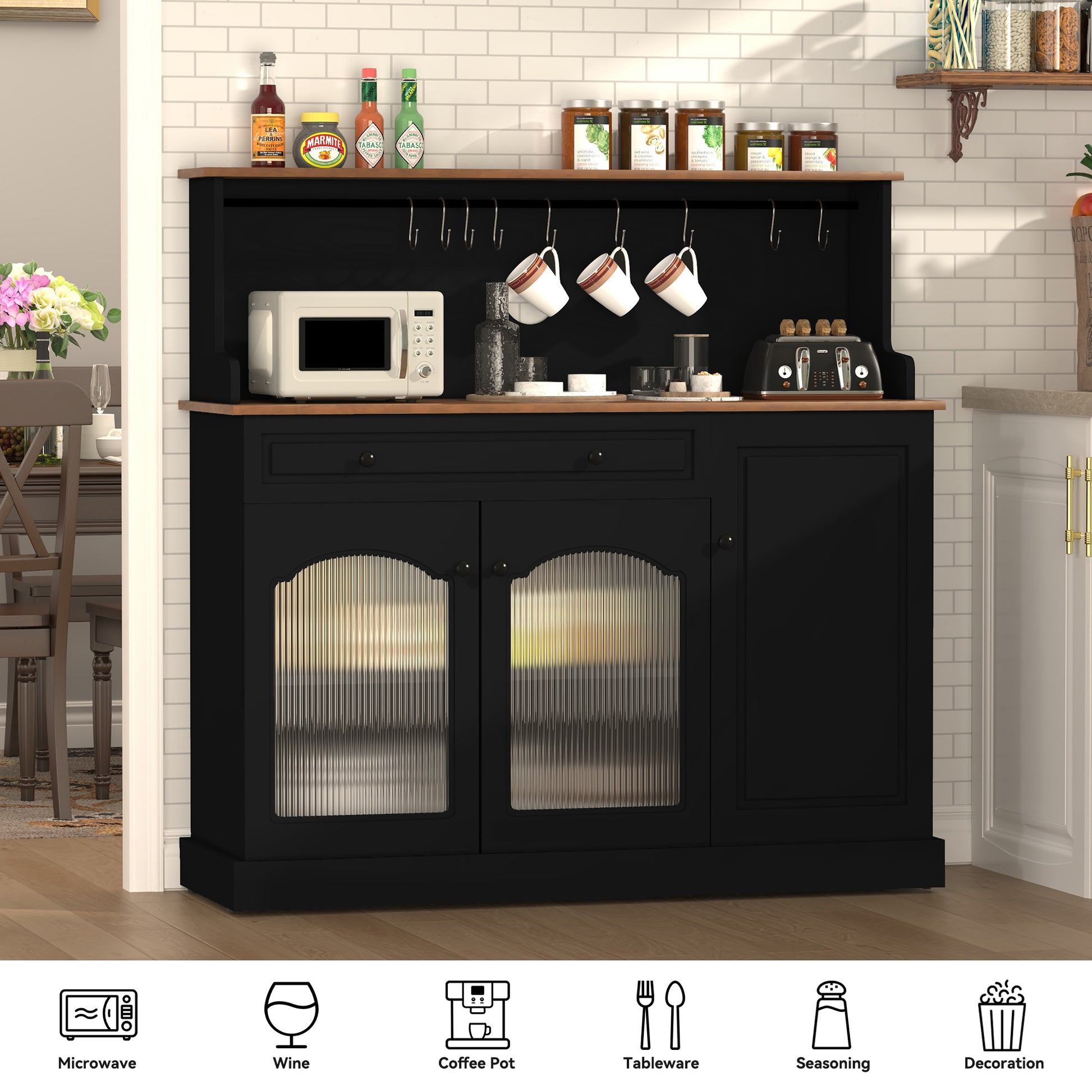 HLR 48" Modern Wood Kitchen Pantry Cabinet, Coffee Bar with Drawer & Microwave Stand, Dining Room, Black
