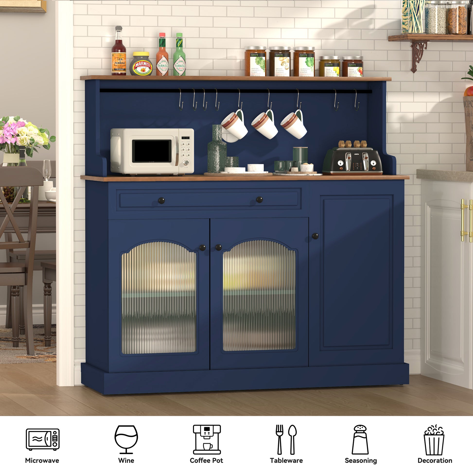 HLR 48" Modern Wood Kitchen Pantry Cabinet, Coffee Bar with Drawer & Microwave Stand, Dining Room, Navy Blue