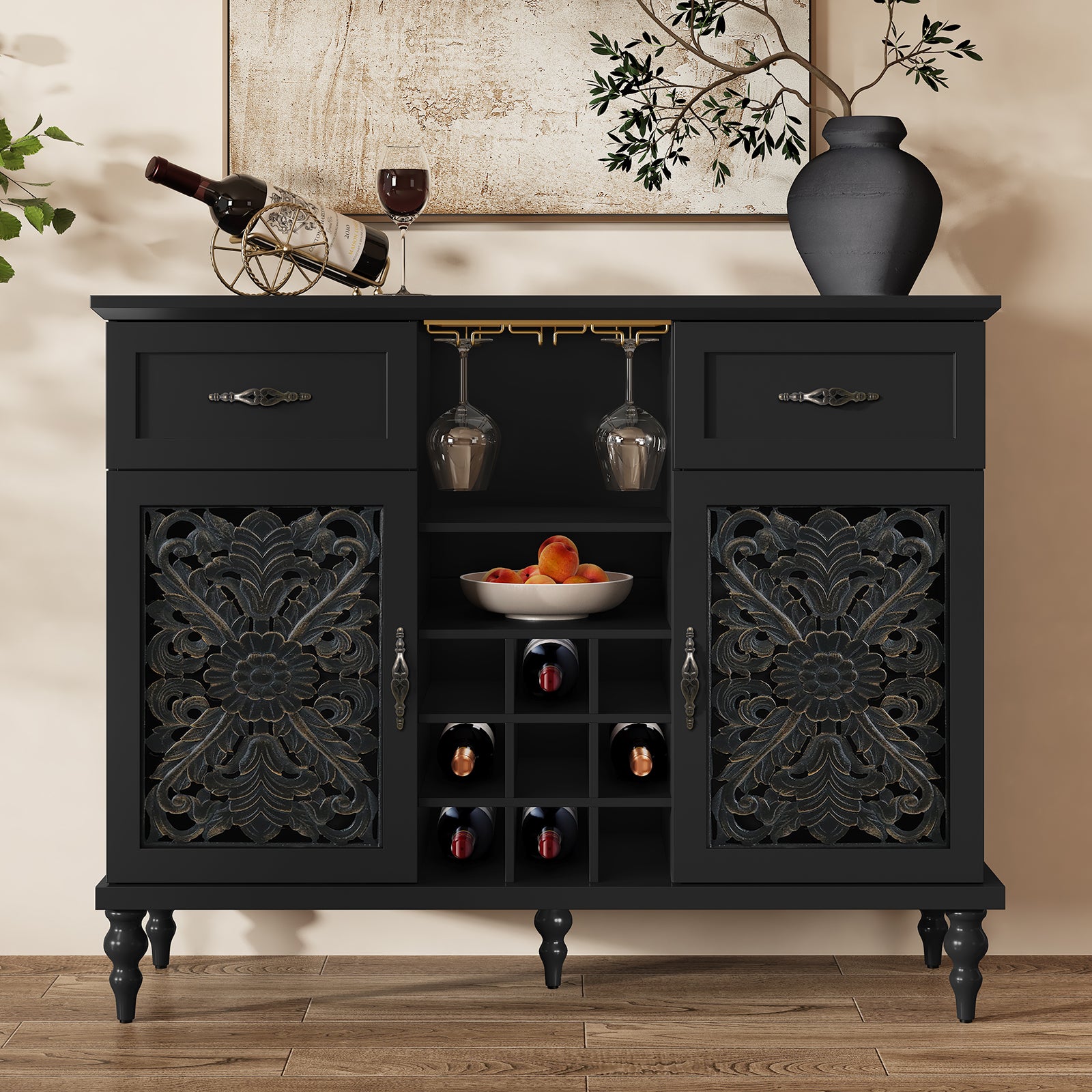 HLR 47.2" Wine Bar Cabinet, Retro Sideboard Buffet Coffee Bar with Storage for Living Room, Black