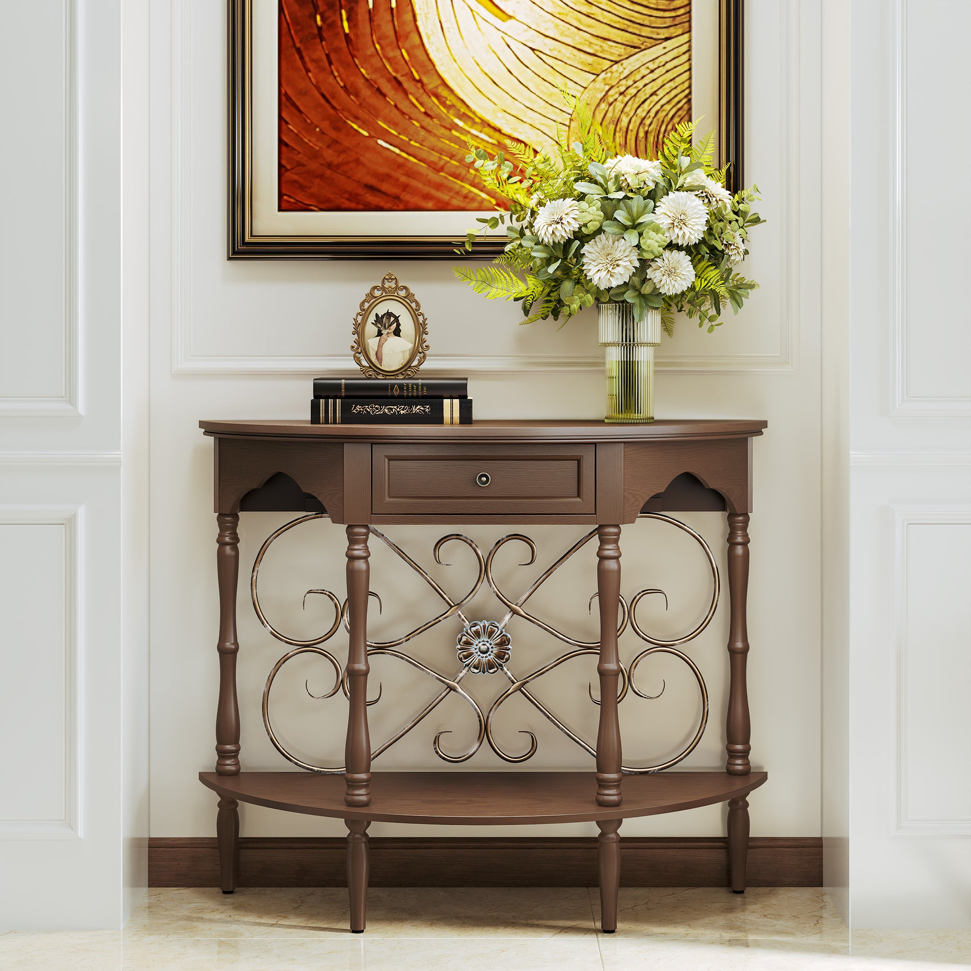 HLR 40" Mid Century Console Table with Drawer, Assembled Entryway Table with Storage for Hallway, Brown