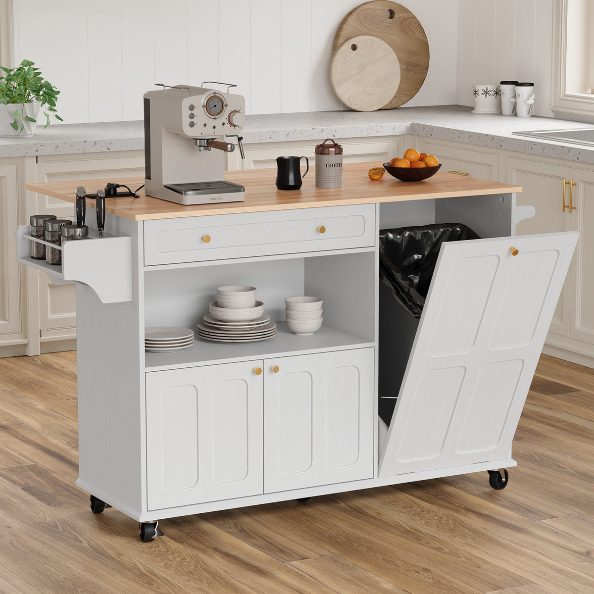 HLR Mid-Century 60" Kitchen Island with Trash Can Storage, Rolling Island Table, White