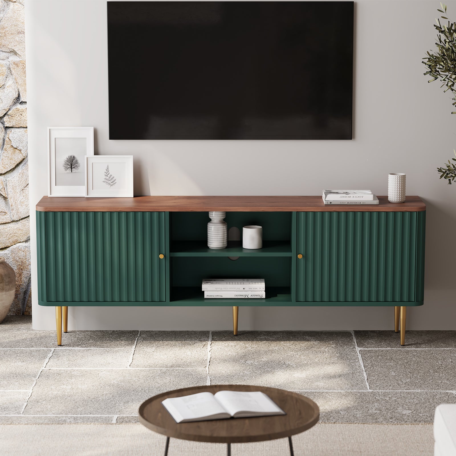 HLR 67 In Fluted TV Stand for TVs Up to 75 Inch, Mid Century Modern Entertainment Center with Storage, Green