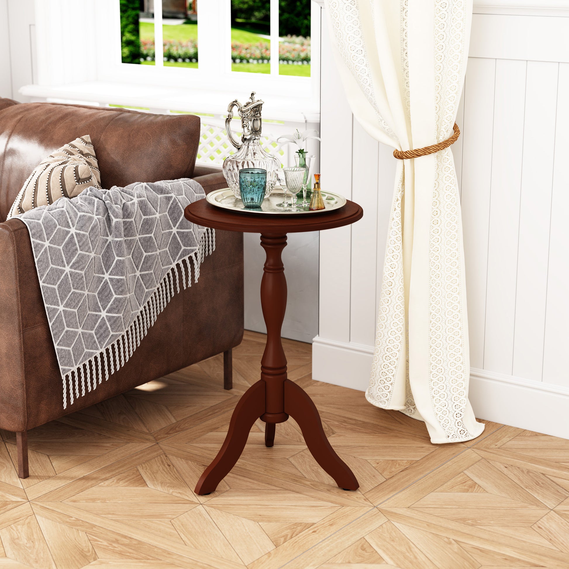 HLR Round Small End Table Set of 2, Wooden Pedestal Side Coffee Table, 2pcs Vintage Accent Nightstand for Living Room, Bedroom, Entryway, Dark Brown