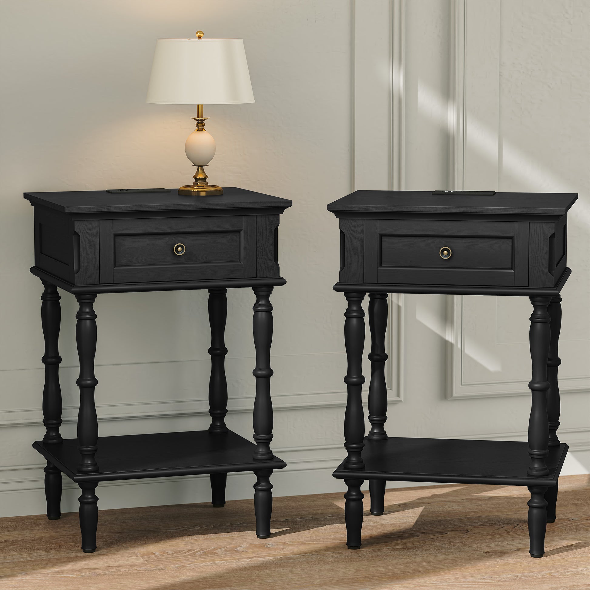 CBJCBJ Retro Minimal Assembly Nightstands Set of 2, Side Table with Drawer and Socket, For Bedroom, Living Room