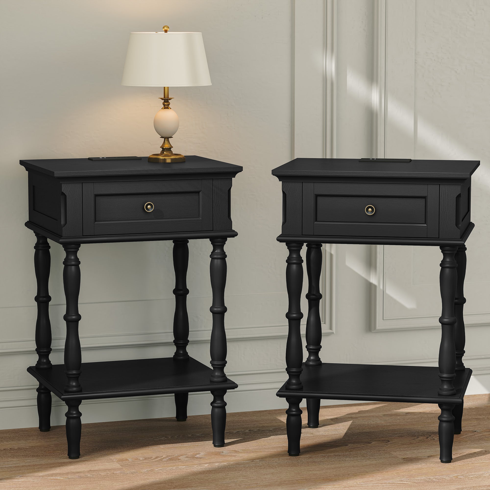 CBJCBJ Retro Minimal Assembly Nightstands Set of 2, Side Table with Drawer and Socket, For Bedroom, Living Room