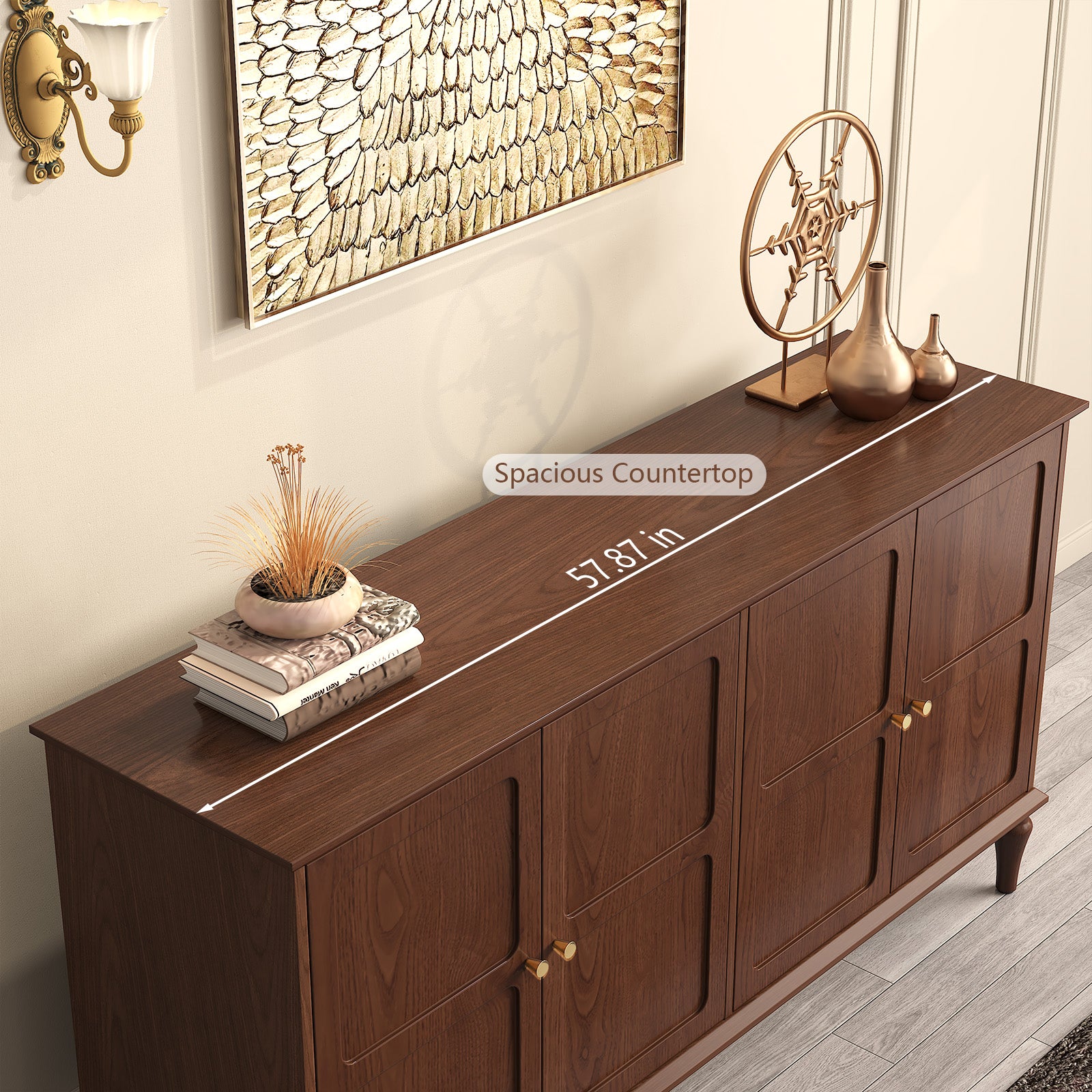 HLR Mid Century 58" Wood 4 Door Sideboard Buffet Cabinet with Storage for Living Dining (Brown)